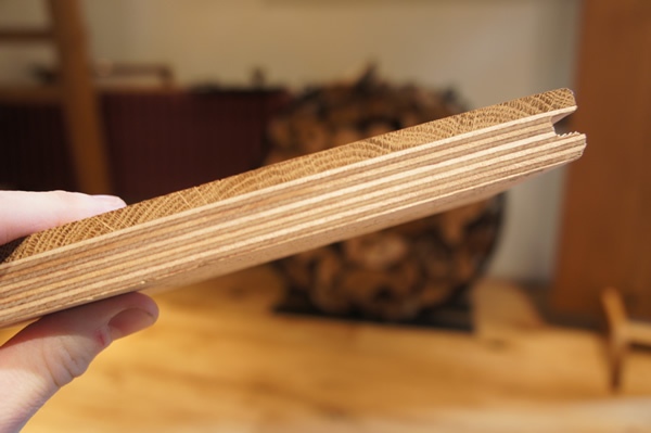 Engineered oak flooring profile showing wear layer and plyboard backing